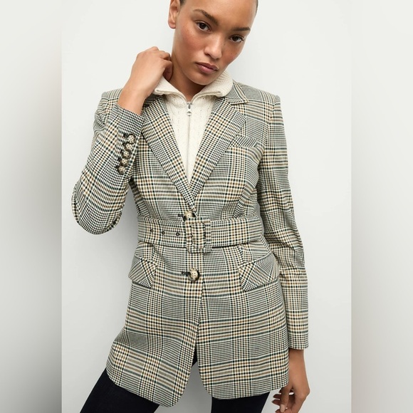 Veronica Beard Ryanne Belted Plaid Dickey Jacket ecru green multi NWT - Picture 2 of 11